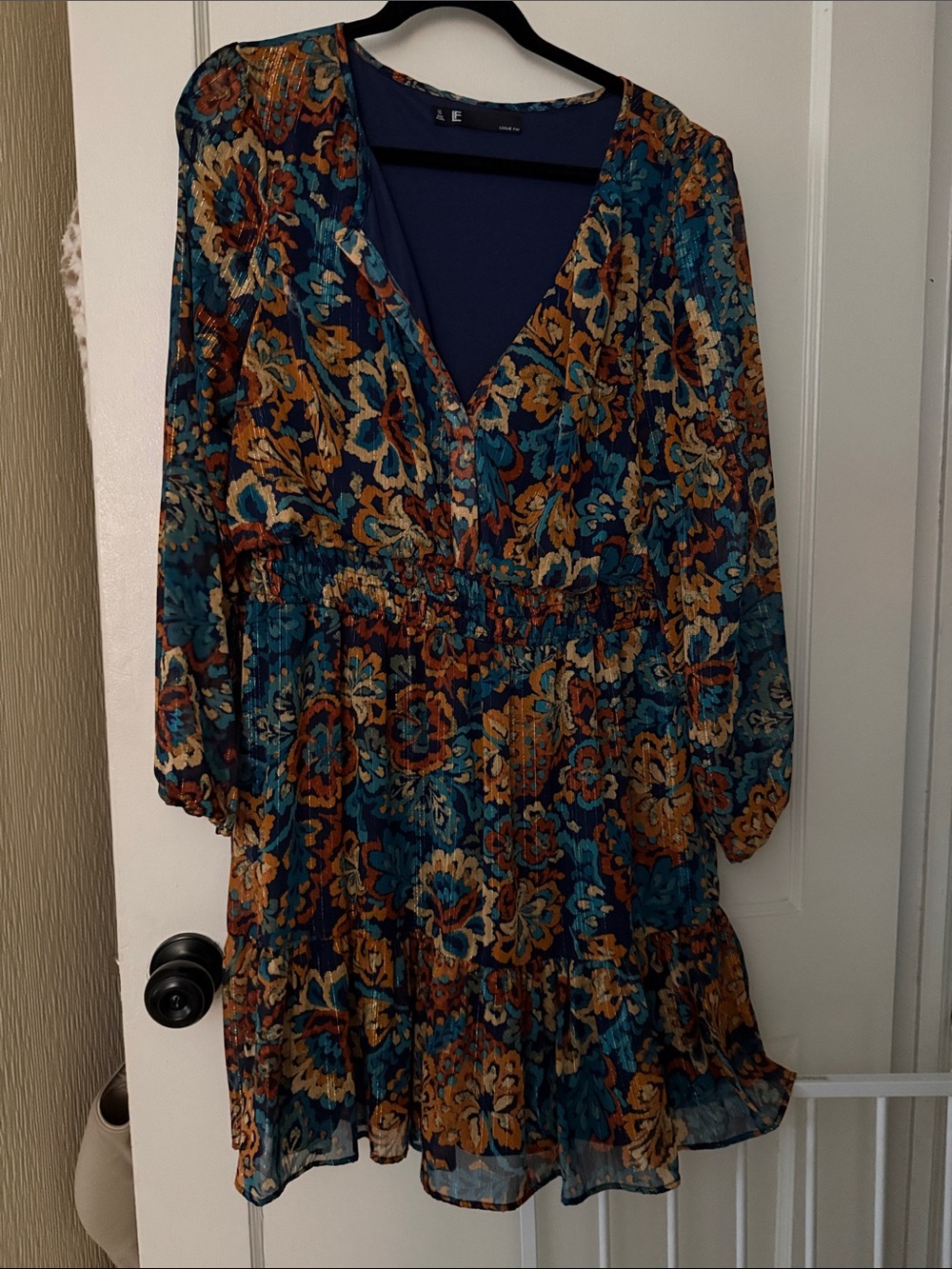Leslie Fay Teal & Mustard Floral Long-Sleeve Tiered Dress